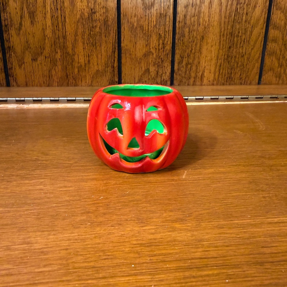 Orange Vintage Halloween Pumpkin Jack-O-Lantern Ceramic Candel Holder Retro